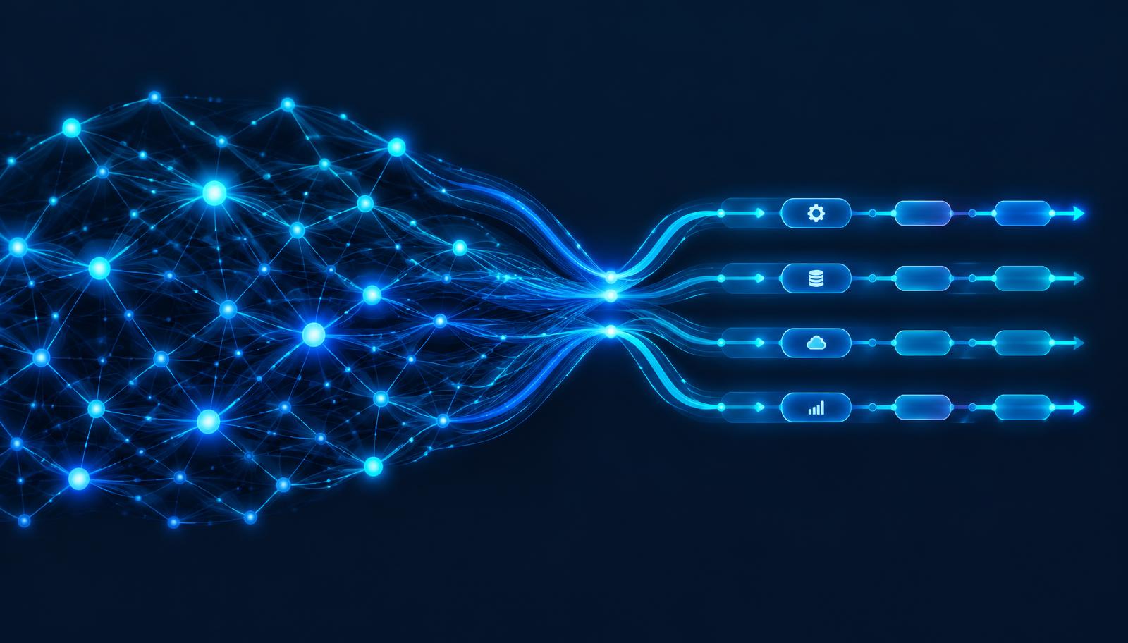 A glowing neural lattice resolving into ordered workflow lanes, representing practical AI and automation.