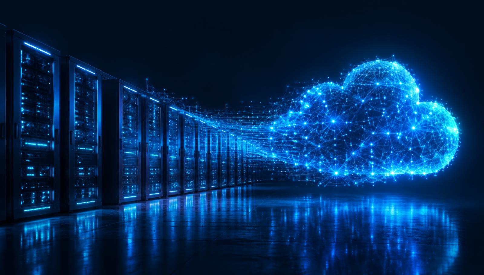 Data centre infrastructure dissolving into a luminous cloud of connected nodes in electric blue.