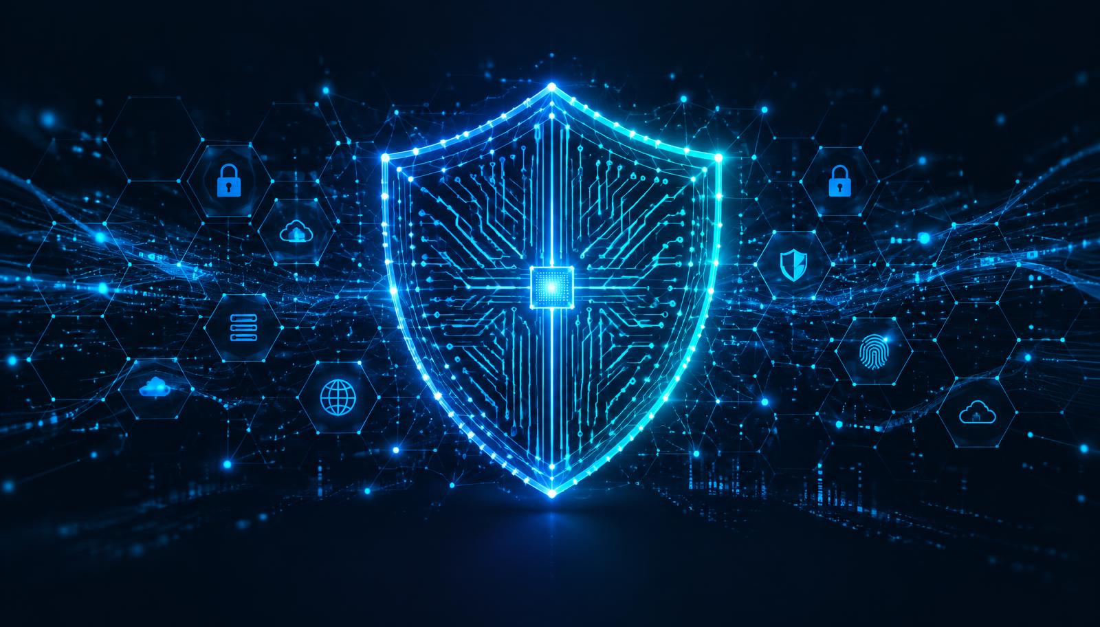 A luminous digital shield formed from circuit traces, representing layered cyber defence on a midnight navy field.