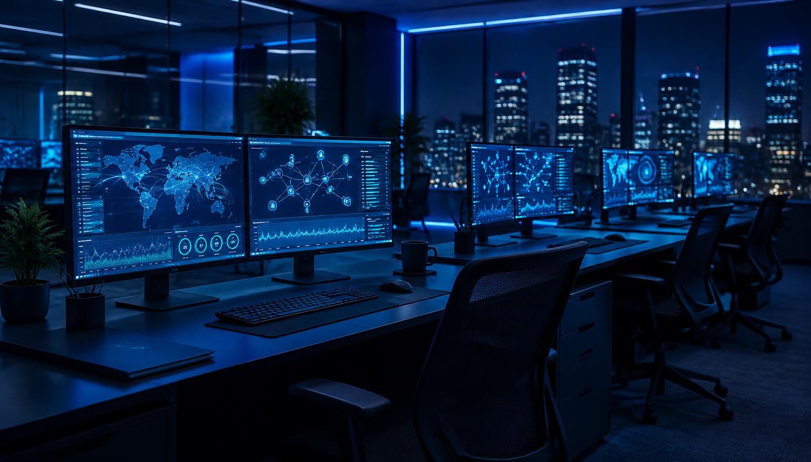 Enterprise IT operations workspace with monitoring dashboards in electric blue against a midnight city skyline.