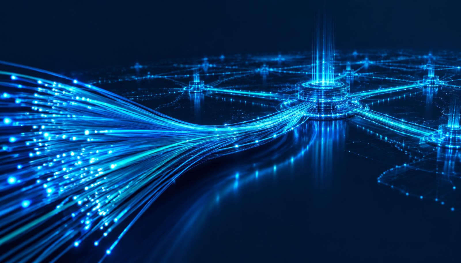 Glowing fibre optic strands converging into a structured network backbone on a midnight navy field.