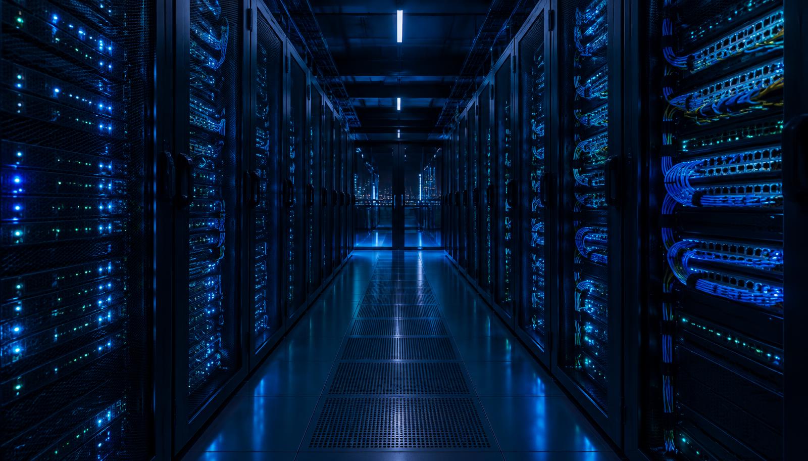 Enterprise server room with neatly dressed racks and blue status lighting.