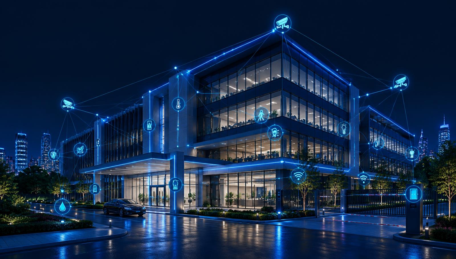 A modern building at night with a glowing network mesh connecting sensors, cameras and access control points.