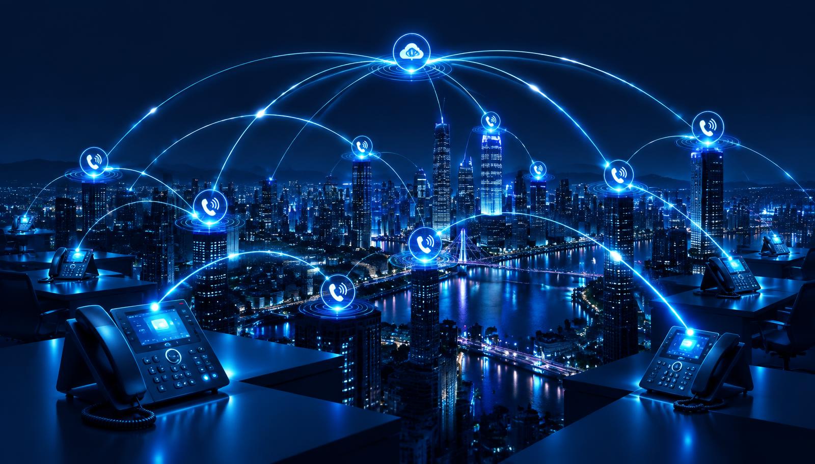 Glowing communication arcs linking desk phones and network nodes across a city at night.